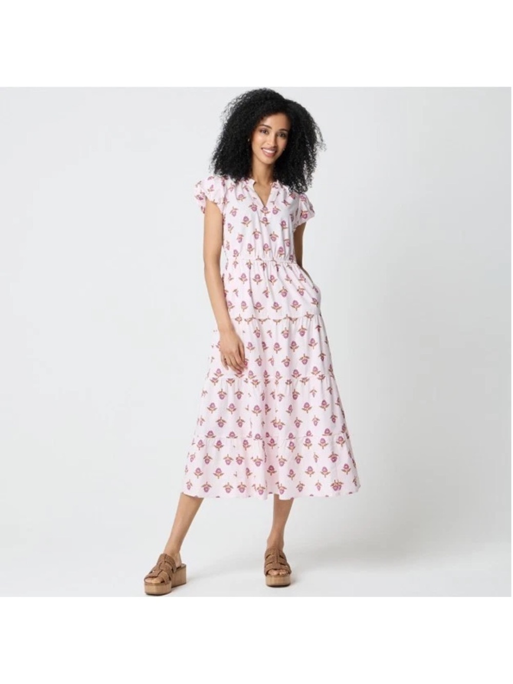 J. Crew Willa Pink Floral Tiered Midi Dress Size 10 Cotton Ruffles V-Neck